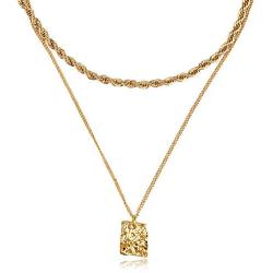 FAMARINE Gold Choker Layered Necklace for Women 4MM, Fashion Geometric Pandent 2 Layered Necklaces for Teen Girls Gift, 18K Gold Plated