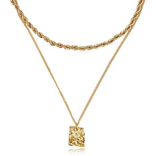 FAMARINE Gold Choker Layered Necklace for Women 4MM, Fashion Geometric Pandent 2 Layered Necklaces for Teen Girls Gift, 18K Gold Plated