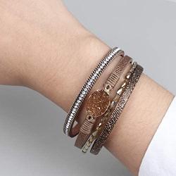 FANCY SHINY Leather Wrap Bracelet Boho Cuff Bracelets Crystal Bead Bracelet with Magnetic Clasp Jewelry Gifts for Women Teen Girls