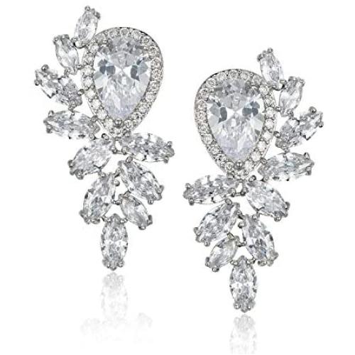 SWEETV Cubic Zirconia Teardrop Wedding Earrings for Brides Brides,Crystal Art Deco Bridal dangle Earrings for Women, Rose Gold/Silver