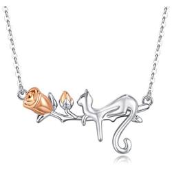 Cat Necklace, 925 Sterling Silver with 18K Rose Gold Plated Rose Pendant, Two Tone Minimalist Cat Jewelry Mother Day Gift for Women Cat Lover Girlfriend Daughter with Gift Box