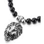 COOLSTEELANDBEYOND Gothic Punk Rock Mens Black Onyx Beads Necklace Stainless Steel Vintage Lion Head Pendant