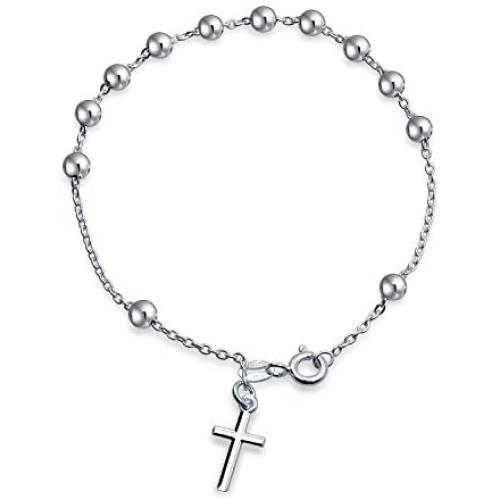 Thin Simple Religious Prayer Ball Beads Cross Rosary Bracelet For Women For Teen 925 Sterling Silver