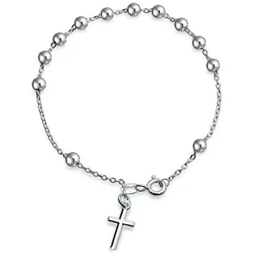 Thin Simple Religious Prayer Ball Beads Cross Rosary Bracelet For Women For Teen 925 Sterling Silver Thin Simple Religious Prayer Ball Beads Cross Rosary Bracelet For Women For Teen 925 Sterling Silver