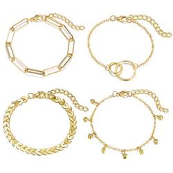 SOFTONES Boho Plated Gold Layered Bracelets for Women Girls Open Cuff Chain Bracelets Sets Jewelry,Adjustable Size