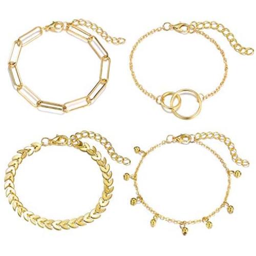 SOFTONES Boho Plated Gold Layered Bracelets for Women Girls Open Cuff Chain Bracelets Sets Jewelry,Adjustable Size