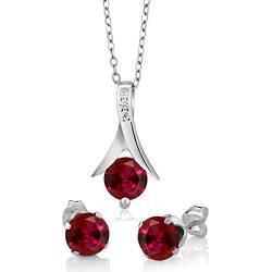 Gem Stone King 925 Sterling Silver Created Ruby Pendant and Earrings Set For Women, 2.40 Ct Round Cut With 18 Inch Silver Chain