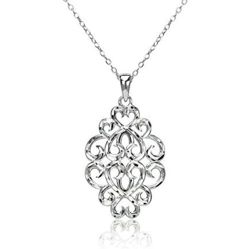 Sterling Silver Diamond-cut Filigree Swirl Hearts Necklace