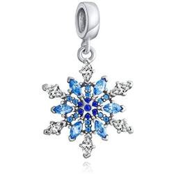 Frozen Winter Holiday Party Christmas Snowflake Shape Ice Blue Crystal Dangle Bead CZ Charm Sterling Silver For Women European Bracelet