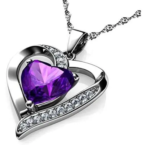 DEPHINI - Purple Heart Necklace - 925 Sterling Silver - CZ Crystal Pendant Birthstone - Fine Jewellery Love - 18 Premium Rhodium Plated Silver Chain - A Cubic Zirconia