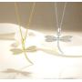 FANCIME October Birthstone White/Yellow Gold Plated Sterling Silver Opal Dragonfly Necklace Long Chain Charm Dainty Pendant Jewelry for Women Girls 16''+2''