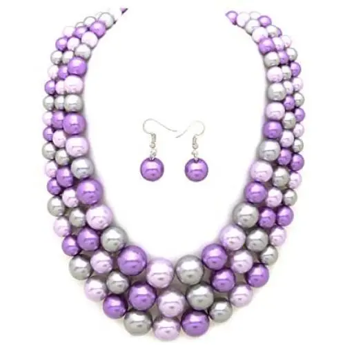 Womens Simulated Faux Three Multi-Strand Pearl Statement Necklace and Earrings Set Womens Simulated Faux Three Multi-Strand Pearl Statement Necklace and Earrings Set
