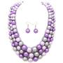 Womens Simulated Faux Three Multi-Strand Pearl Statement Necklace and Earrings Set