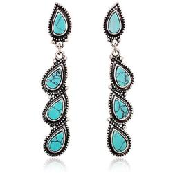 D.Rosse Unique Indian Ethnic Long Retro Turquoise Link Teardrop Dangle Drop Earrings Boho Gypsy Geometric Waterdrop Vintage Silver Stud Earrings for Women Girls Statement Jewelry