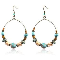 Wood Beaded Hoop Dangle Earrings Hook Bohemian Colorful Turquoise Shell Wooden Balls Hollow Circle Earrings Drop for Women Girls Mother (01)