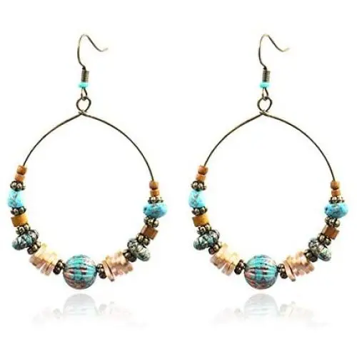 Wood Beaded Hoop Dangle Earrings Hook Bohemian Colorful Turquoise Shell Wooden Balls Hollow Circle Earrings Drop for Women Girls Mother (01) Wood Beaded Hoop Dangle Earrings Hook Bohemian Colorful Turquoise Shell Wooden Balls Hollow Circle Earrings Drop for Women Girls Mother (01)