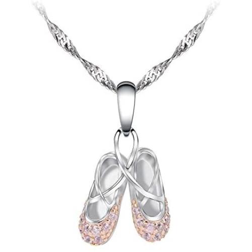 GemsChest 925 Sterling Silver Childrens Ballerina Necklace Jewelry Cubic Zirconia Ballet Slippers Shoes Necklace for Teen & Dancer 18''