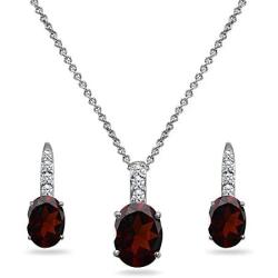 Sterling Silver Genuine or Synthetic Gemstone Oval-Cut Pendant Necklace & Leverback Huggie Earrings Set with CZ Accents