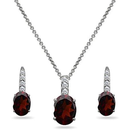 Sterling Silver Genuine or Synthetic Gemstone Oval-Cut Pendant Necklace & Leverback Huggie Earrings Set with CZ Accents