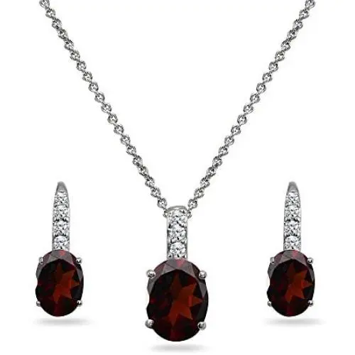 Sterling Silver Genuine or Synthetic Gemstone Oval-Cut Pendant Necklace & Leverback Huggie Earrings Set with CZ Accents Sterling Silver Genuine or Synthetic Gemstone Oval-Cut Pendant Necklace & Leverback Huggie Earrings Set with CZ Accents