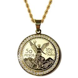 Men Women 925 Italy 14k Gold Finish Iced Round Mexican Coin Centenario Mexicano Moneda 50 Pesos Ice Out Pendant Stainless Steel Real 2.5 mm Rope Chain Necklace, Mens Jewelry, Iced Pesos Coin Pendant, Chain Pendant Rope Necklace