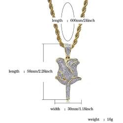 MoCa Jewelry Unisex Hip Hop Iced Out Bling Novelty Rose Flora Flower Pendant Necklace with 24 Inch Stainless Steel Rope Chain for Men Women