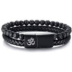 MEALGUET Mens Lava Rock Bracelet Healing Balancing Braided Leather Bracelets with Magnetic Clasp, 2 Layered Symbol Cuff Bracelets, 8.4''