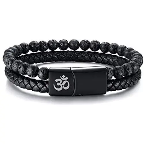 MEALGUET Mens Lava Rock Bracelet Healing Balancing Braided Leather Bracelets with Magnetic Clasp, 2 Layered Symbol Cuff Bracelets, 8.4'' MEALGUET Mens Lava Rock Bracelet Healing Balancing Braided Leather Bracelets with Magnetic Clasp, 2 Layered Symbol Cuff Bracelets, 8.4''