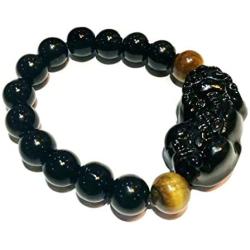 Feng Shui The Best 10mm Black Hand Carved Mantra Bead Bracelet with Obsidian Pi Xiu/Pi Yao Lucky Wealthy Amulet Brecelet with Tigers Eye/Black Stone