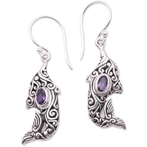 Novica Purple Dolphin Amethyst Dangle Earrings For Girls Womens