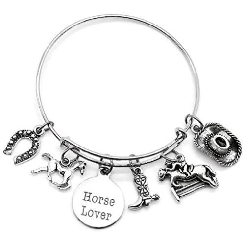 Kits Kiss Horse Bracelet, Horse Jewelry, Cowgirl Bracelet, Cowgirl Jewelry, Cowboy Hat Charm, Cowboy Boot Charm, Horse Riding Charm, Gift for Horse Lover, Cowgirl Bangle Bracelet