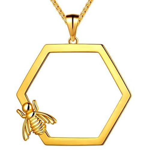 beautlace Honeycomb Hexagon Necklaces 18K Gold/Silver/Black Gun Plated with Honey Bee Pendant Charm Jewelry Gifts for Men and Women KP0128