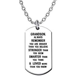 lauhonmin Dog Tag Necklace for Men Boy Grandson Gifts from Grandpa Grandma Inspirational You are Braver Stronger Smarter Than You Think