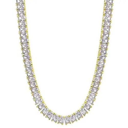 KRKC&CO Baguette Cut Tennis Chain, 14k Gold Chain for Men, Iced Out Chains Prong-Setting 5A Cubic Zirconia Stones Tennis Necklace, Hip Hop Jewelry, 6x4 mm, 18 20 22 24 Inches