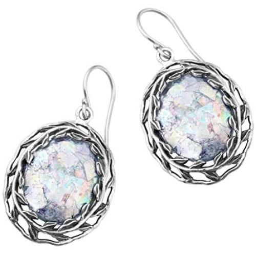 PZ Paz Creations 925 Sterling Silver Dangle Earring For Women Girls | Roman Glass Oval-Shapped Leaf Design | Hypoallergenic For Pierced Ears
