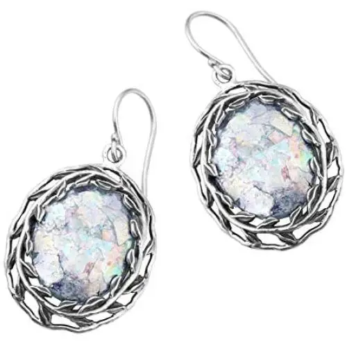 PZ Paz Creations 925 Sterling Silver Dangle Earring For Women Girls | Roman Glass Oval-Shapped Leaf Design | Hypoallergenic For Pierced Ears