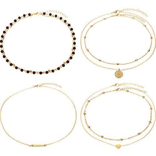 BBTO 4 Pieces Layered Pendant Choker Necklace Gold Layering Chain Choker for Women Girls
