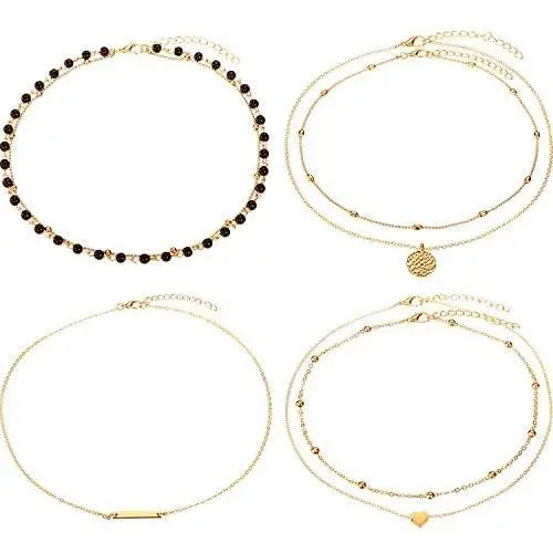 BBTO 4 Pieces Layered Pendant Choker Necklace Gold Layering Chain Choker for Women Girls