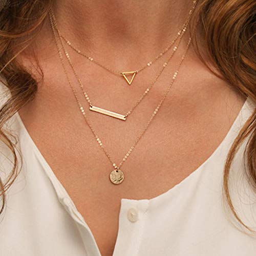 Fstrend Fashion Layered Gold Necklace Coin Symbol Chain Triangle Pendant Multilayered Short Necklaces Jewelry for Women and Girls