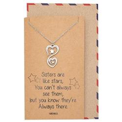 Quan Jewelry Infinity Heart and Stars Pendant Little and Big Sister Necklace, Birthday Gifts for Women with Inspirational Quote on Greeting Card
