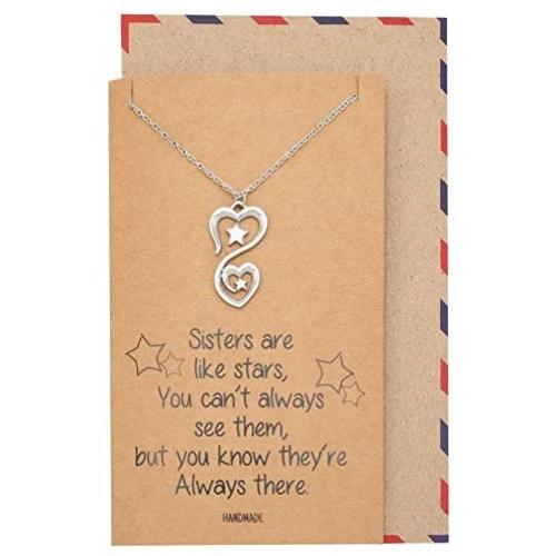 Quan Jewelry Infinity Heart and Stars Pendant Little and Big Sister Necklace, Birthday Gifts for Women with Inspirational Quote on Greeting Card