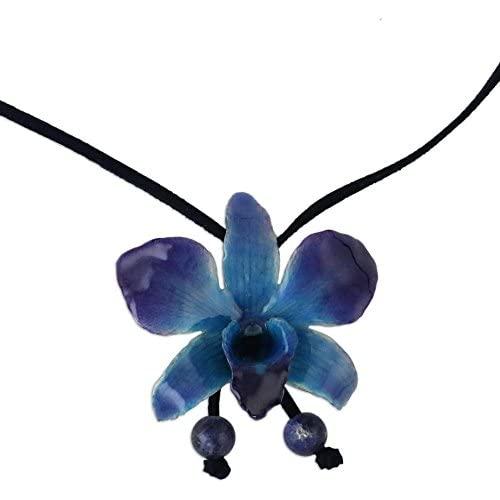 NOVICA Natural Orchid and Sodalite Long Lariat Necklace, 34.5'', Midnight Blue with Leather Cord
