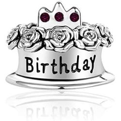 SBI Jewelry Happy Birthday Charm for Bracelets Crystal Birthstone Bead Rose Flowers Cake Charm Gift for Women Girls