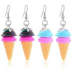 DAMLENG 2 Pairs Unique Cute 3D Soft Clay Ice Cream Dangle Drop Earrings Set for Women Girls Statement Handmade Kawaii Food Cone Candy Earrings Jewelry