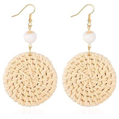 KINIVA Woven Rattan Earrings Dangle Drop With Bead for Women Teen Girls