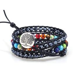 PLTGOOD LuLu 3 Wraps Leather Bead Bracelets for Women Men Girls - Handmade 7 Chakra Adjustable Yoga Healing Bohemian Bracelet
