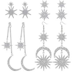 ORAZIO 4 Pairs Cubic Zirconia Moon Sun Star Earrings Exaggerated Punk Moon Dangle Drop Earrings Boho Statement Sun Star Earrings Retro Jewelry for Women Egirls