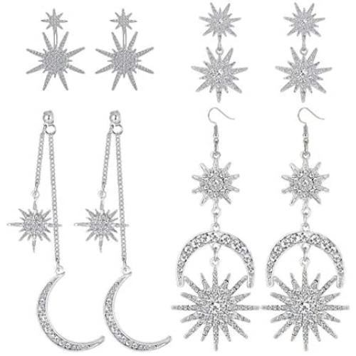 ORAZIO 4 Pairs Cubic Zirconia Moon Sun Star Earrings Exaggerated Punk Moon Dangle Drop Earrings Boho Statement Sun Star Earrings Retro Jewelry for Women Egirls