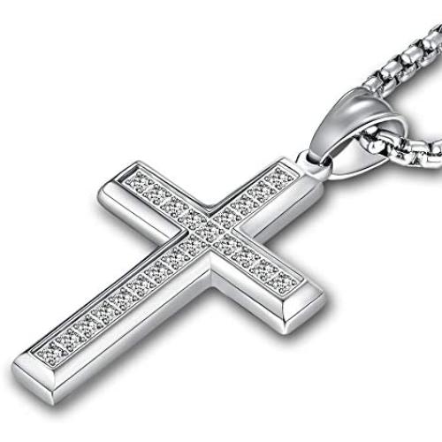 YL Mens Cross Necklace 316L Stainless Steel Jesus Ankh Pendant Rolo Chain Jewelry