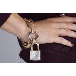 Steve Madden Womens Polished Rhinestone Lock Design Charm Link Tri-Tone Bracelet